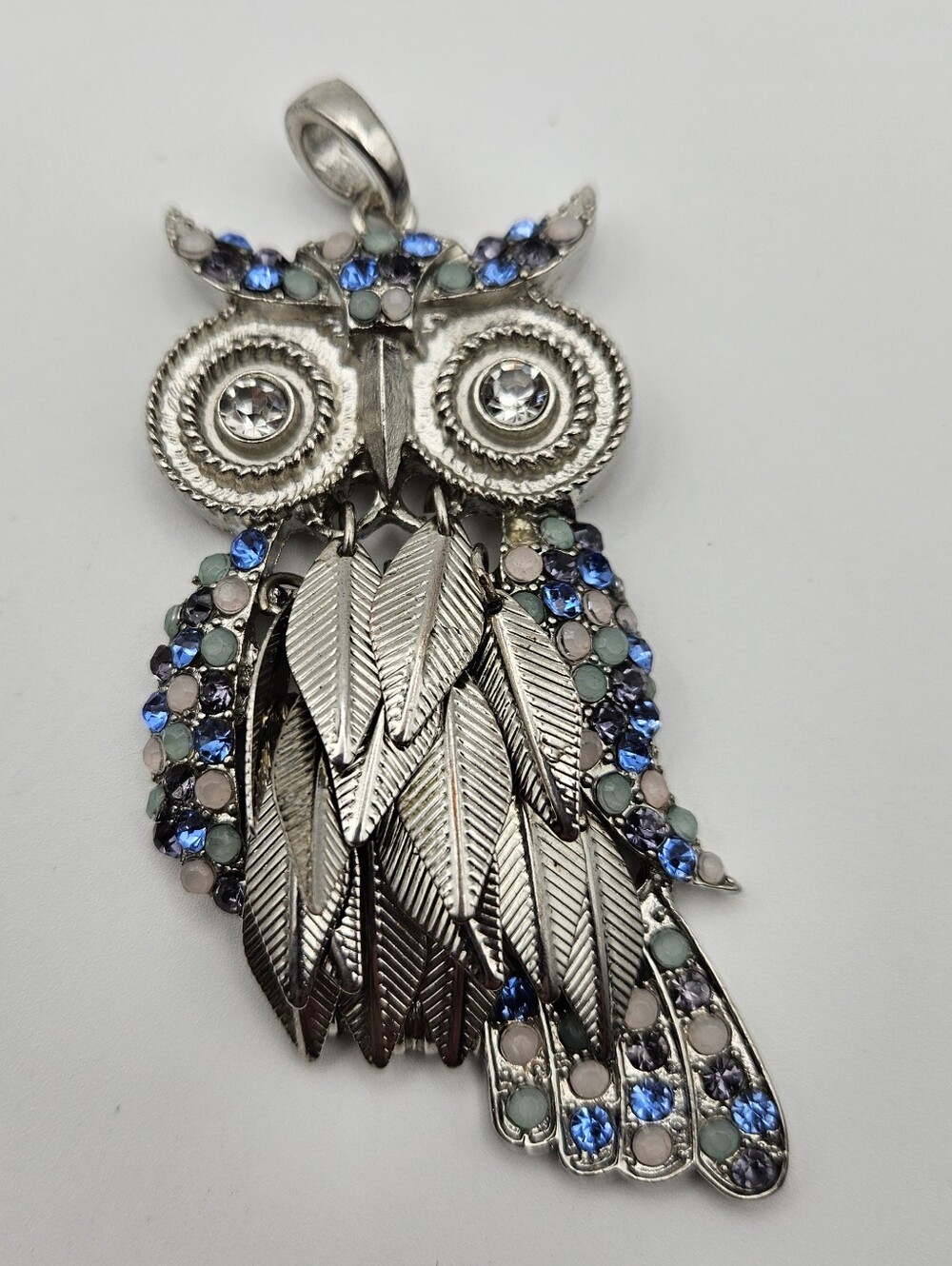 Articulated Owl Pendant Statement Rhinestone Moveable Feather Blue Jewelry